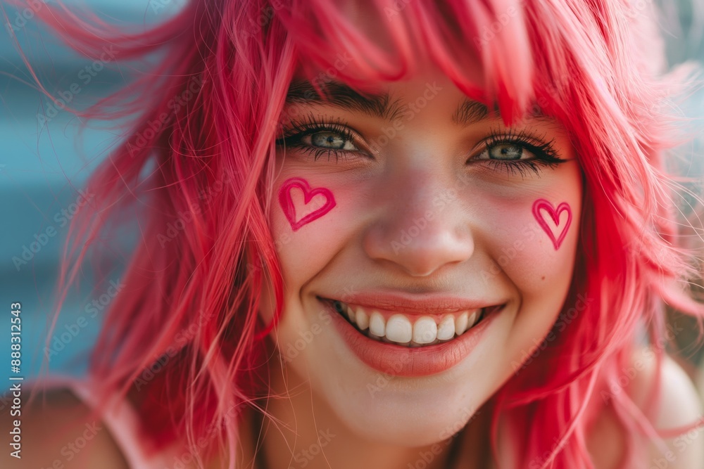 A woman with pink hair and pink lipstick is smiling and has heart stickers on her face. She looks happy and confident A woman with pink hair and pink lipstick is smiling and has heart stickers on her face. She looks happy and confident