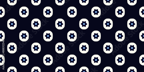 Cute small flowers on white pattern doodle shapes motif continuous classic blue background. Modern decoration ditsy floral fabric design textile swatch ladies dress, men's shirt all over print block.
