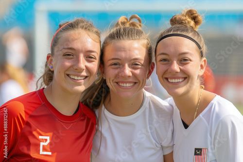 Women Soccer Team Trio Wearing red and white Jerseys, Standing on a Soccer Field Before the Match photo