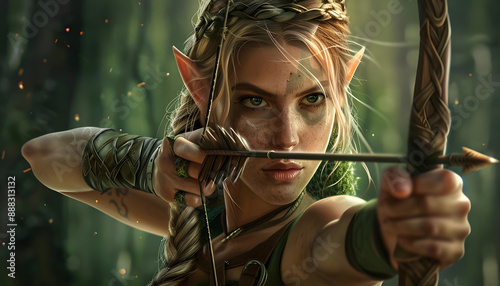 Icon of a mystical elven archer drawing back an enchanted arrow front pose facing the camera ar7 Generative AI