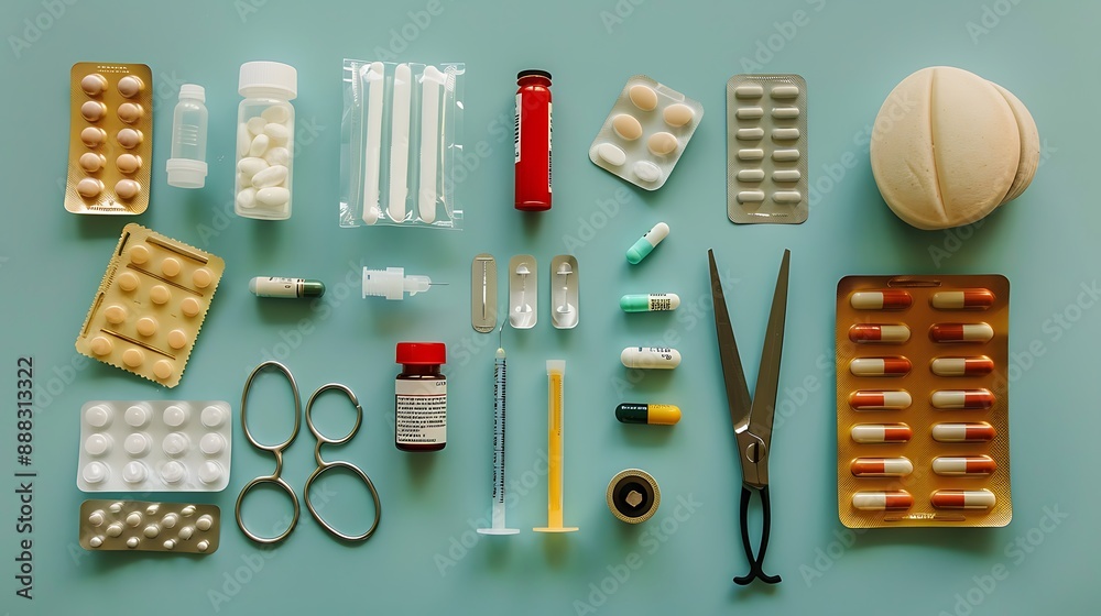 Top view of various medical tools and pills on blue background with copy space Top view of various medical tools and pills on blue background with copy space
