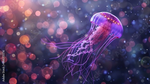 jellyfish swims, Scyphoid jellyfish, water with bokeh, animal with tentacles swims photo