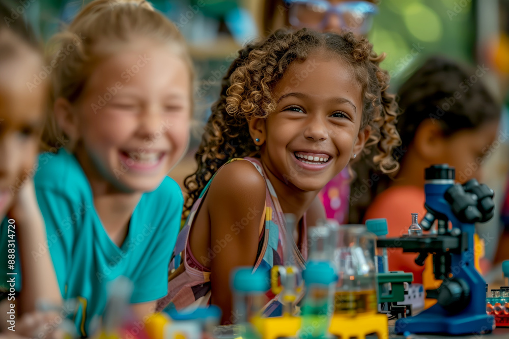 A group of cheerful children participate in a science activity, with a focus on a smiling girl using a microscope A group of cheerful children participate in a science activity, with a focus on a smiling girl using a microscope