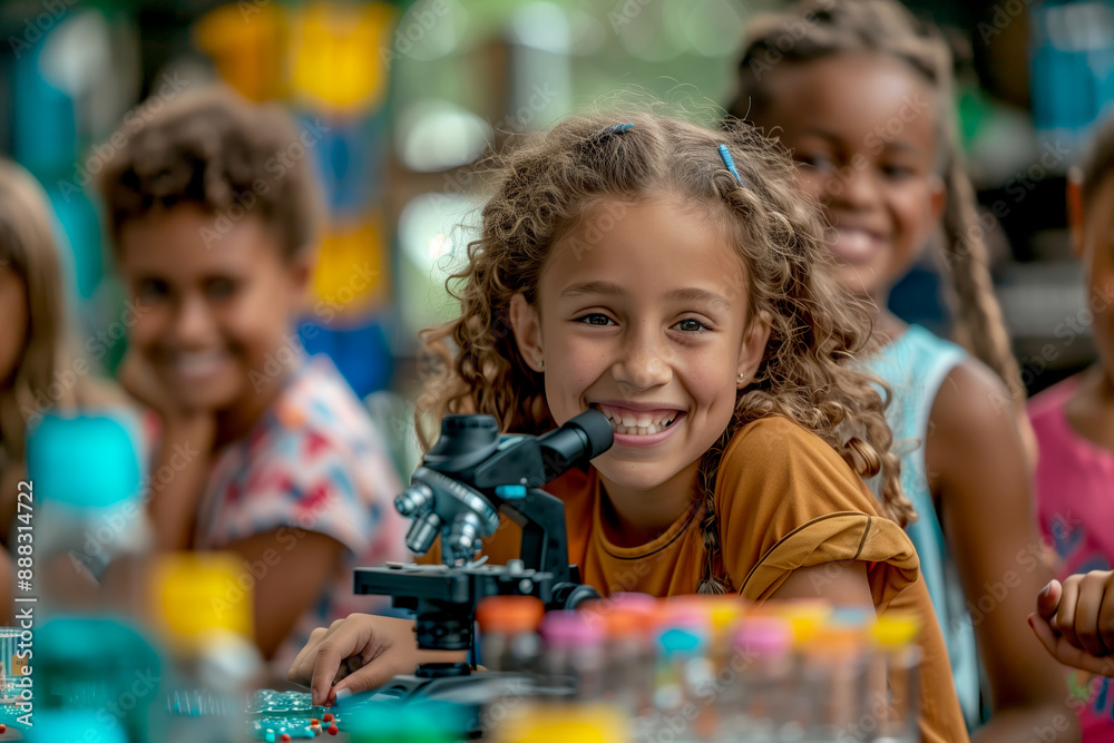 A group of cheerful children participate in a science activity, with a focus on a smiling girl using a microscope A group of cheerful children participate in a science activity, with a focus on a smiling girl using a microscope