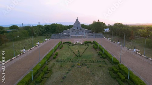 Aerial view of The Mausoleum of  Heroes of World War I from Marasesti, Romania. Photography was taken from a drone at a lower altitude at sunset with the building in the view.