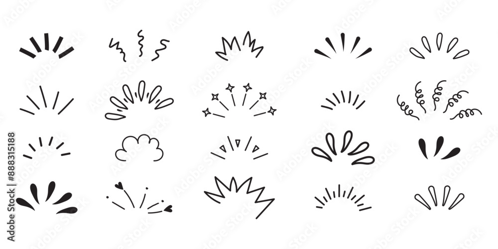 Fototapeta premium Doodle shine sunburst sparkle ray elements. Hand drawn pop surprise line frame for title headline illustration. awareness, inspiration, sunburst, sun rays, surprises, etc. Doodle vector illustration.