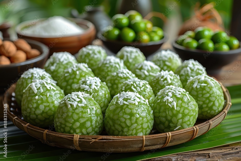 Indonesia Klepon Small, green glutinous rice balls filled with palm sugar, coated in grated coconut, arranged on a banana leaf Indonesia Klepon Small, green glutinous rice balls filled with palm sugar, coated in grated coconut, arranged on a banana leaf