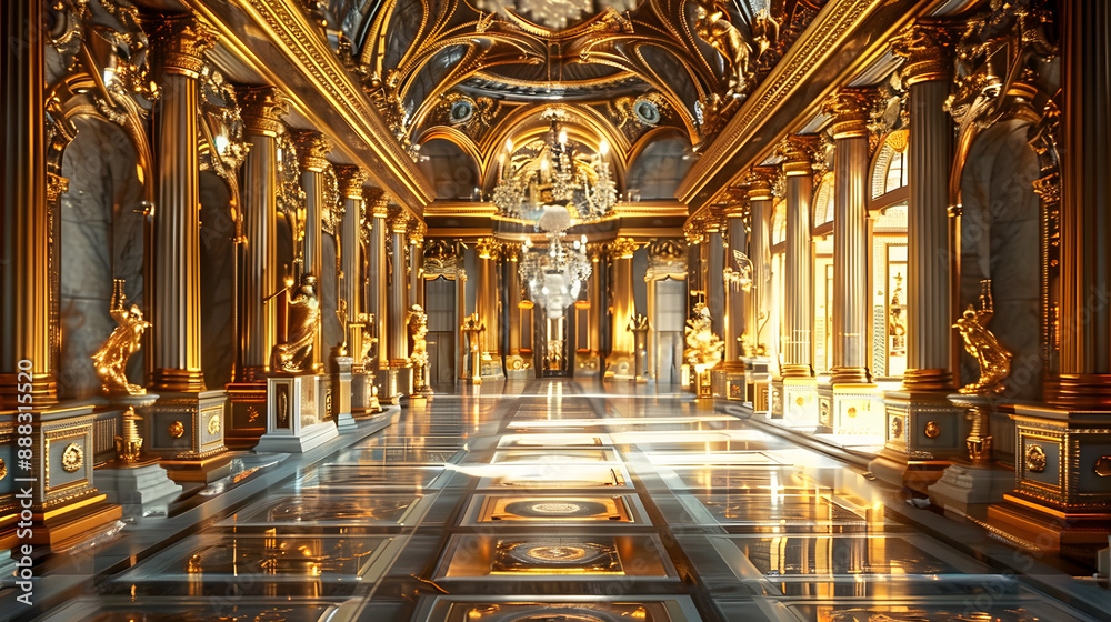 Golden Hallway With Statues and Chandeliers in a Grand Palace Golden Hallway With Statues and Chandeliers in a Grand Palace