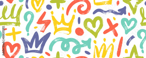 Brush drawn multi colored doodle shapes seamless pattern.