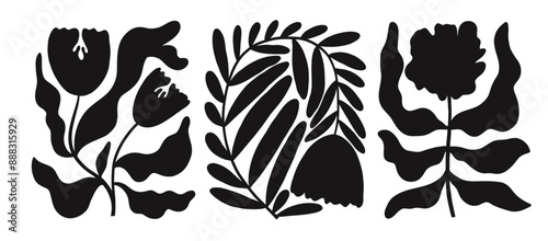 Set of abstract flower silhouettes in Matisse naive style. Elegant flower shapes in geometric forms. Modern trendy botanical minimal style. Organic doodle or modern groovy flowers.