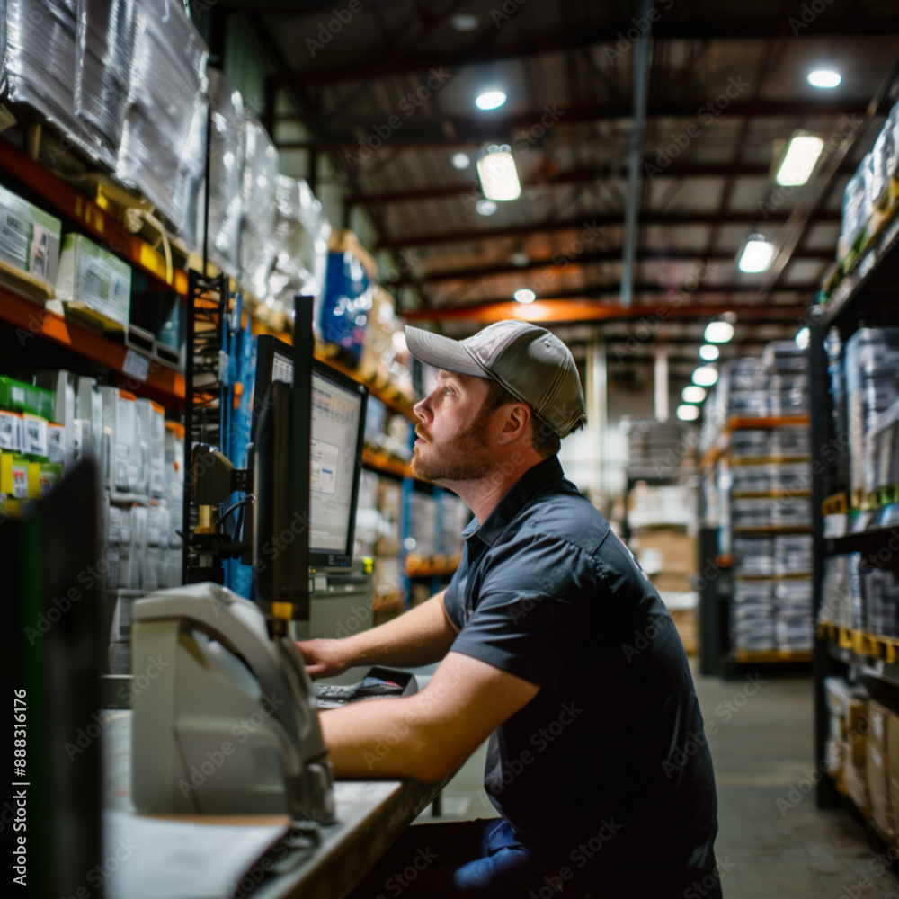 © Nazuna - man looking at monitor screen. warehouse background. wearing collared shirt. baseball hat. © Nazuna - man looking at monitor screen. warehouse background. wearing collared shirt. baseball hat.