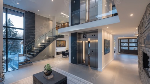 contemporary suburban home with an architectural focus on vertical living, featuring multiple levels connected by a sleek glass elevator