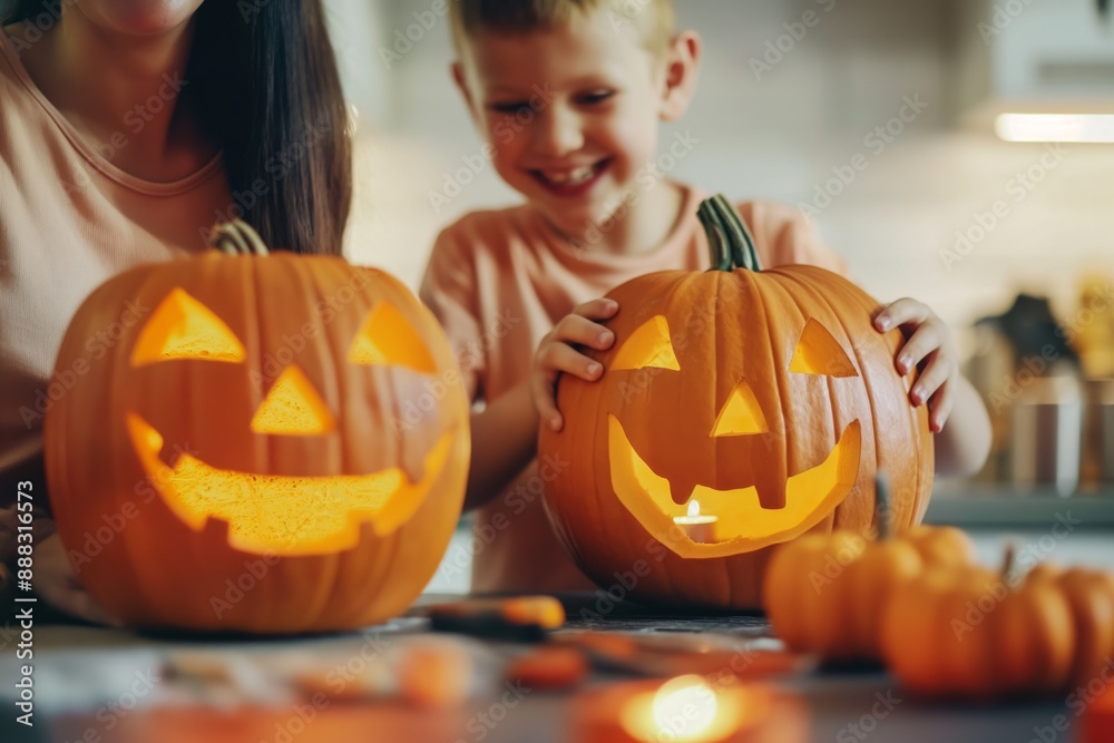 Family carving Halloween pumpkins together happy traditions celebrations concept Family carving Halloween pumpkins together happy traditions celebrations concept