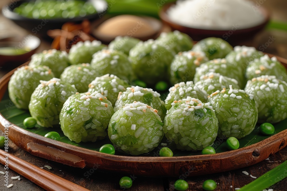 Indonesia Klepon Small, green glutinous rice balls filled with palm sugar, coated in grated coconut, arranged on a banana leaf Indonesia Klepon Small, green glutinous rice balls filled with palm sugar, coated in grated coconut, arranged on a banana leaf