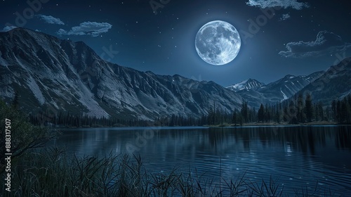 A moonlit night at Marian Lake, with the full moon casting a silvery glow over the lake and mountains, creating a mystical and tranquil landscape that captures the imagination. photo