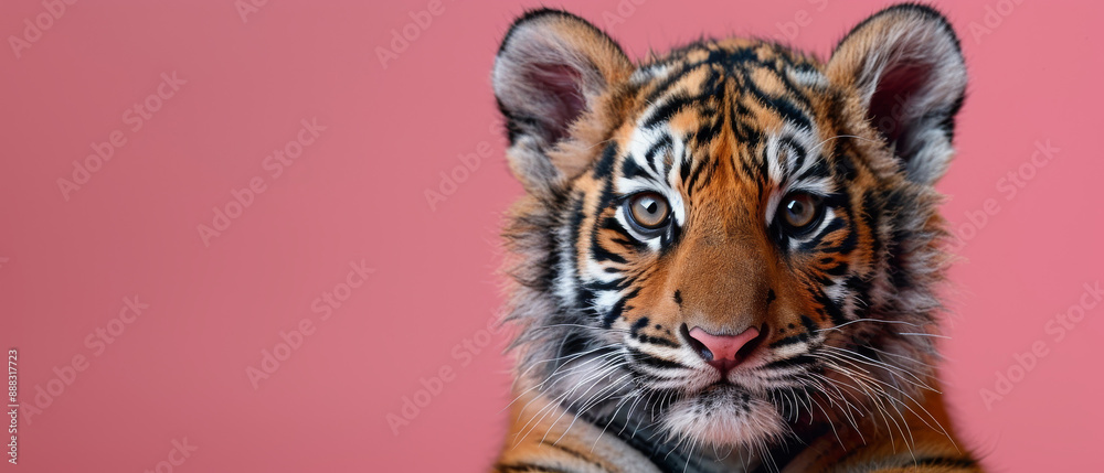 Close Up Portrait of a Tiger Cub Against a Pink Background
