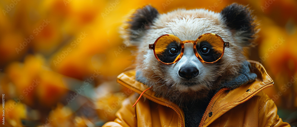 Panda Wearing Sunglasses and Yellow Jacket in Autumn Foliage Panda Wearing Sunglasses and Yellow Jacket in Autumn Foliage