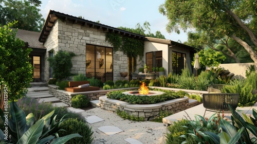 charming suburban retreat with a fa? section ade of stone and stucco, featuring a sunken garden with fire pit and seating area surrounded by lush plantings