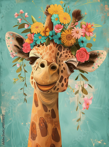 Adorable illustration of a smiling giraf wearing a floral crown, surrounded by flowers and leaves on a teal background.