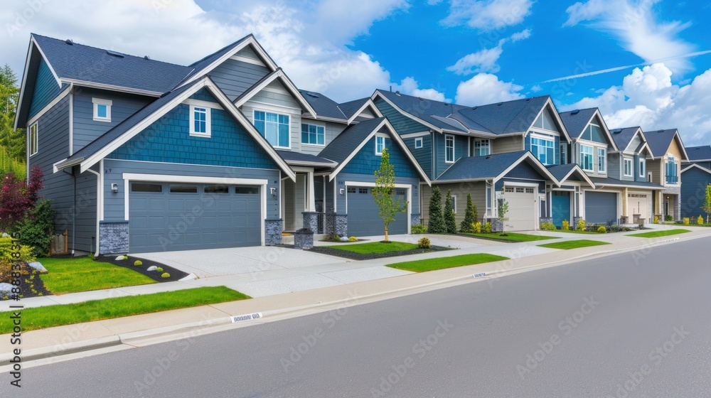 Row of modern blue houses under a clear blue sky. Row of modern blue houses under a clear blue sky.