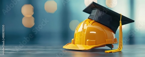 Symbolic contrast: black graduate cap and yellow construction helmet, representing achievement and career in engineering
