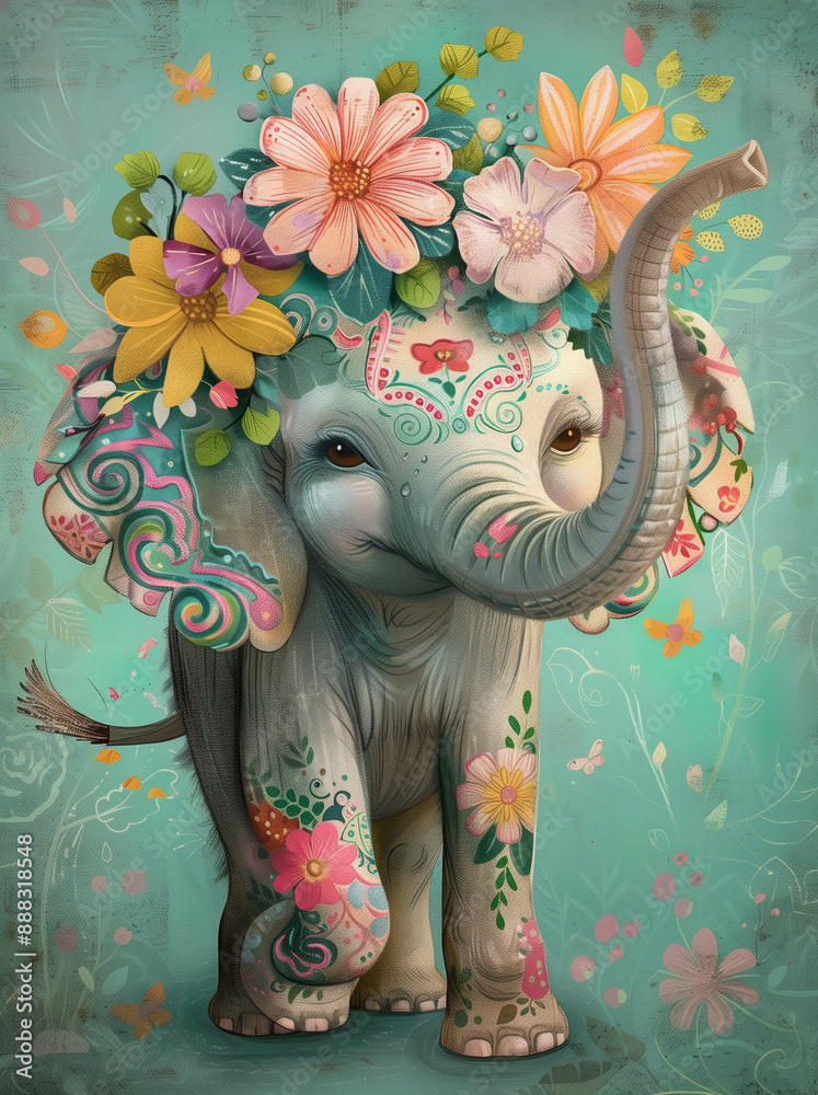 Obraz premium Adorable illustration of a smiling Elephant wearing a floral crown, surrounded by flowers and leaves on a teal background.