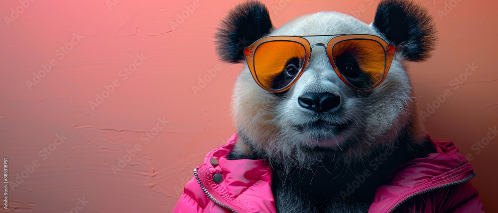 Cool Panda Wearing Sunglasses and Pink Jacket in Front of a Pink Wall Cool Panda Wearing Sunglasses and Pink Jacket in Front of a Pink Wall
