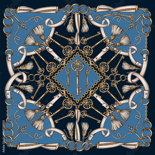 Design scarf with keys, belts and chain. Vector.