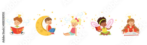 Little Boy and Girl Sit and Dreaming of Something Vector Set