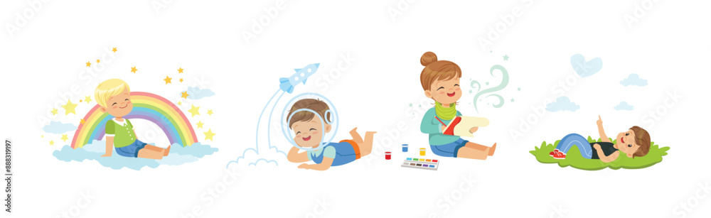 Little Boy and Girl Sit and Dreaming of Something Vector Set Little Boy and Girl Sit and Dreaming of Something Vector Set