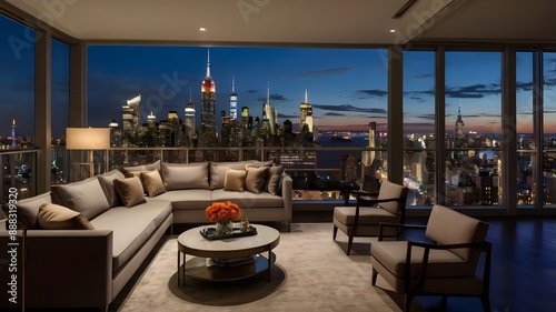Luxury lounge in apartement with a large window, skyline night view