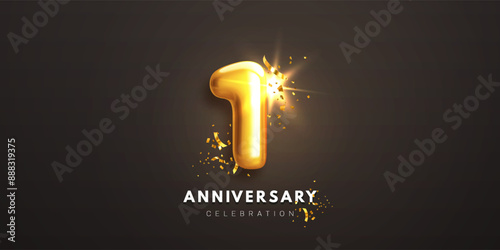 First anniversary celebration banner. Realistic glossy 3d golden number 1 and sparkling confetti on black background. Event party template for poster, invitation, greeting card. Vector illustration