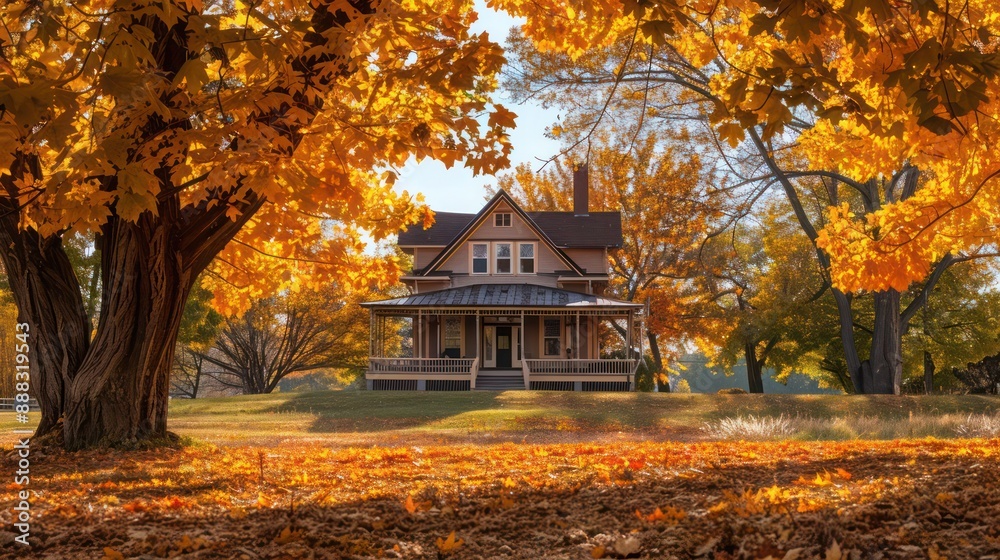 crisp autumn scene at a suburban farmhouse, with the house framed by trees shedding golden leaves crisp autumn scene at a suburban farmhouse, with the house framed by trees shedding golden leaves