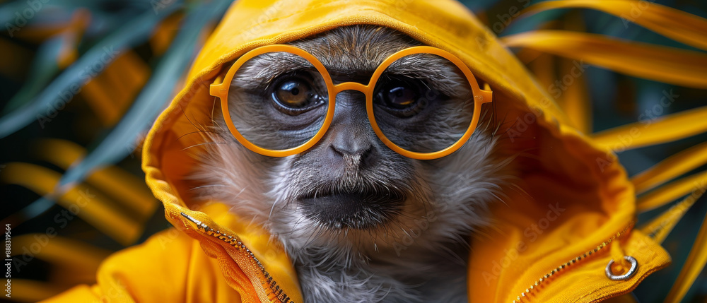 Monkey Wearing Yellow Raincoat and Round Glasses Outdoors Monkey Wearing Yellow Raincoat and Round Glasses Outdoors