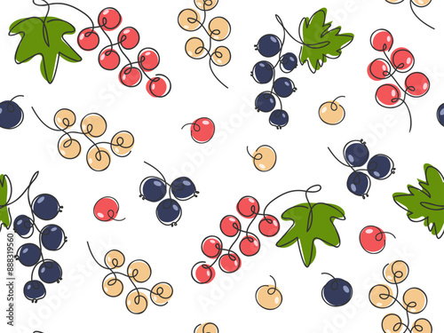 Red Black white Currant Seamless pattern. Summer Ripe berries bunch. Doodle outline Fruit Background. Cute Abstract Berry pattern for design menu, recipes, food juice jam package. Vector illustration