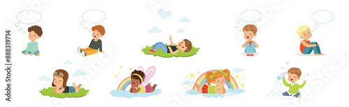 Little Boy and Girl Sit and Dreaming of Something Vector Set