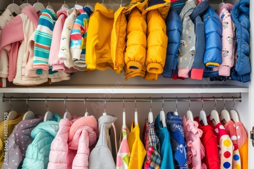 Colorful collection of children's jackets and sweaters in a closet showcasing vibrant and cozy winter attire for kids clothing organization concept