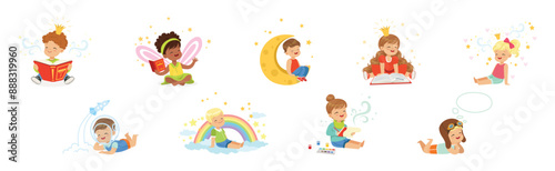 Little Boy and Girl Sit and Dreaming of Something Vector Set