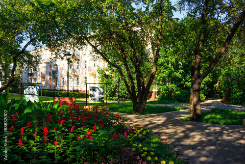 A flowerbed with flowers in a city square in the old part of the city. Obninsk, Russia