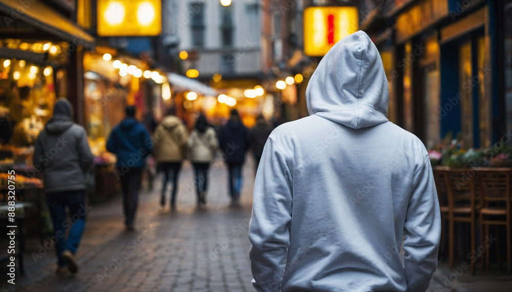 Back View of Person in Hoodie Navigating Lively Urban Marketplace Back View of Person in Hoodie Navigating Lively Urban Marketplace