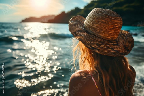 Beautiful blonde young woman on summer vacation at sunny day. Low angle view portrait of happy female person with straw hat against blue sky and tropical sea background with mountains. Back view