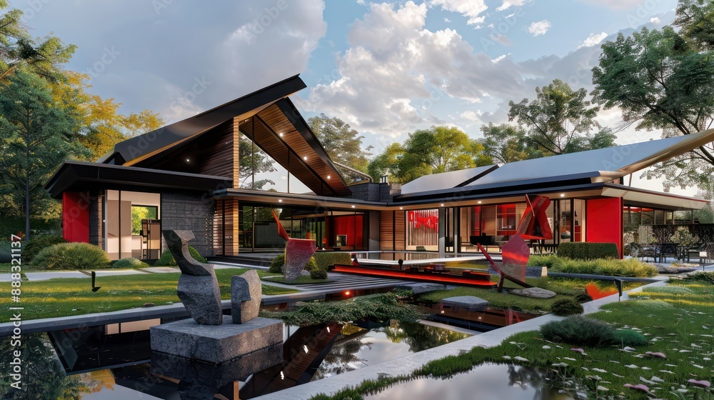 Obraz premium modern suburban cottage with an asymmetrical roof and vibrant red accents, featuring a landscaped yard with contemporary sculptures and a reflecting pool