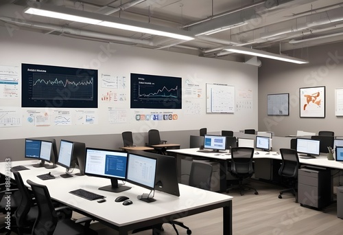 a collaborative office workspace with desktop computers monitors laptops,  marketing plans and business charts on the walls