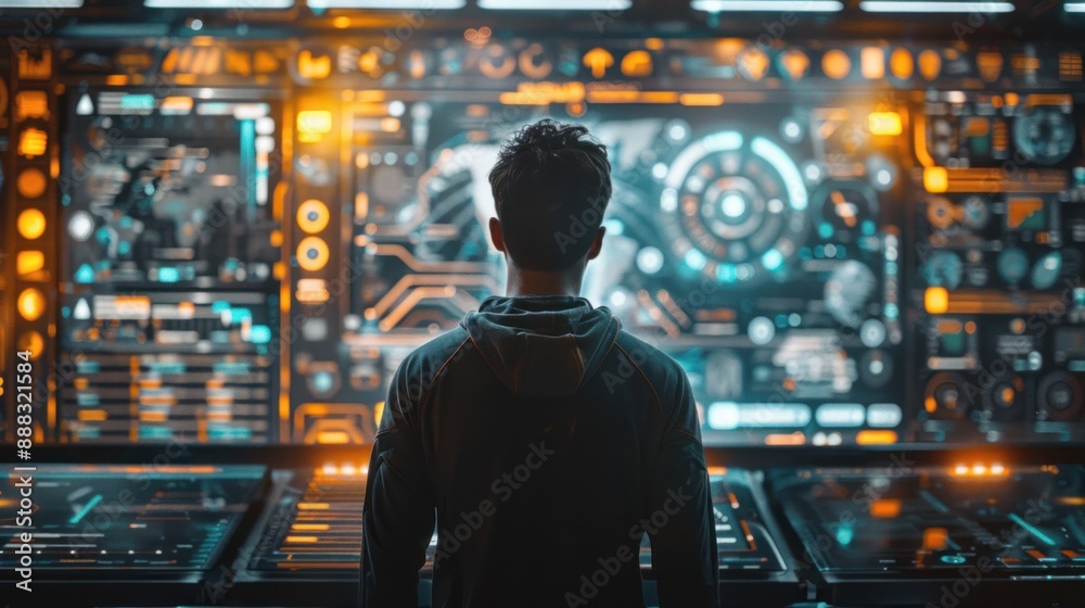 A man in a dark hoodie stands before a large, futuristic digital interface displaying complex data A man in a dark hoodie stands before a large, futuristic digital interface displaying complex data
