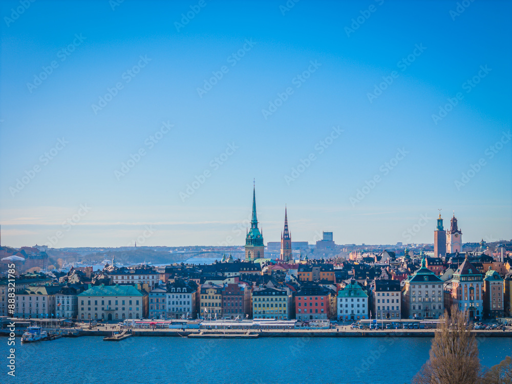 Fototapeta premium Stockholm old town - Gamla stan. Aerial view of Sweden capital. Drone top panorama photo
