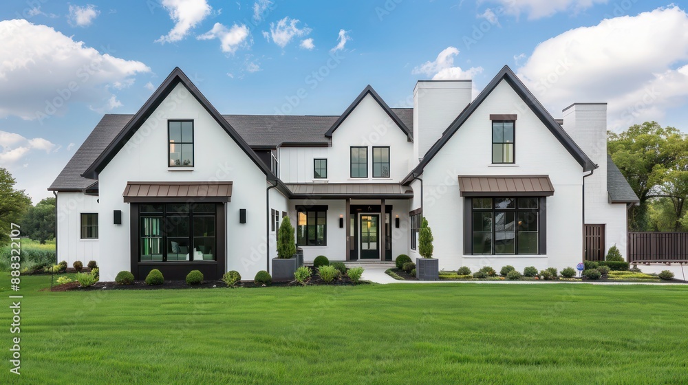 modern suburban farmhouse with stark white walls and contrasting dark trim, surrounded by a meticulously manicured lawn modern suburban farmhouse with stark white walls and contrasting dark trim, surrounded by a meticulously manicured lawn
