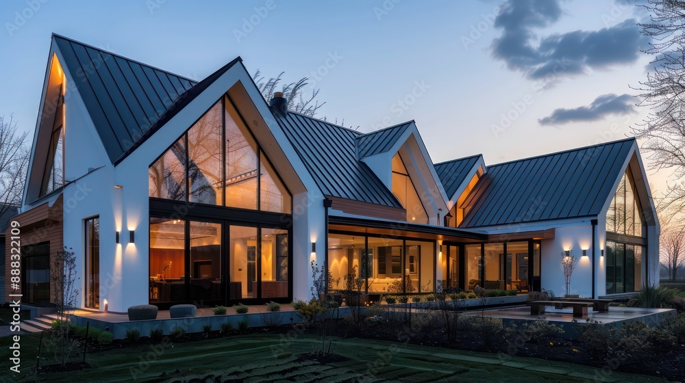 modern suburban farmhouse with an ultra-modern design, featuring angular roofs and large, expansive windows modern suburban farmhouse with an ultra-modern design, featuring angular roofs and large, expansive windows