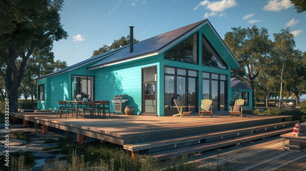modern suburban farmhouse with a bright, turquoise exterior and a large, wrap-around deck, perfect for summer barbecues modern suburban farmhouse with a bright, turquoise exterior and a large, wrap-around deck, perfect for summer barbecues