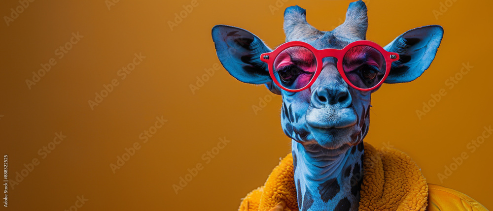 Blue Giraffe Wearing Red Sunglasses and Yellow Jacket Against Orange Background Blue Giraffe Wearing Red Sunglasses and Yellow Jacket Against Orange Background