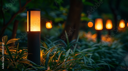 Small Solar Garden Light, Lanterns In Flower Bed. Garden Design. Solar Powered Lamp